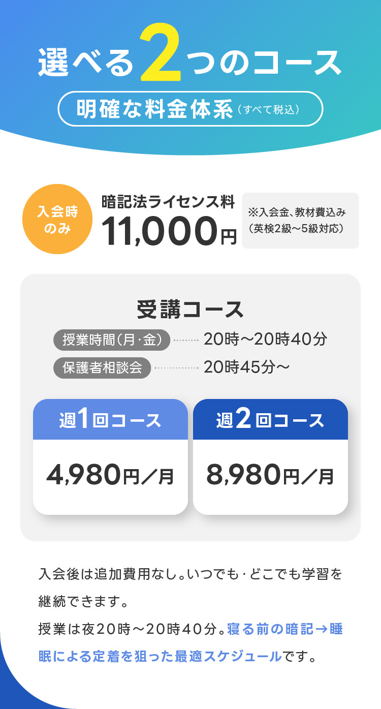 選べる2つのコース 明確な料金体系 週1回コース 4,980円／月 週2回コース 8,980円／月
