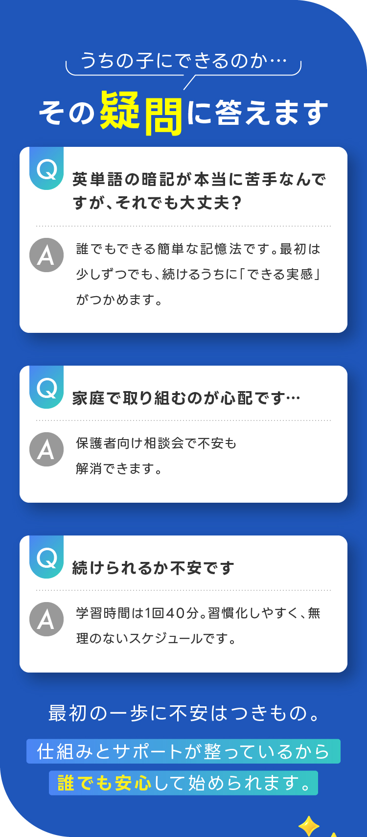 うちの子にできるのか…その疑問に答えます 仕組みとサポートが整っているから誰でも安心して始められます。